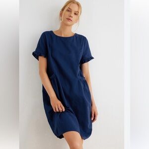 Grae Cove Chloe Linen Crewneck Ruffle Sleeve Dress Navy Blue Size Small